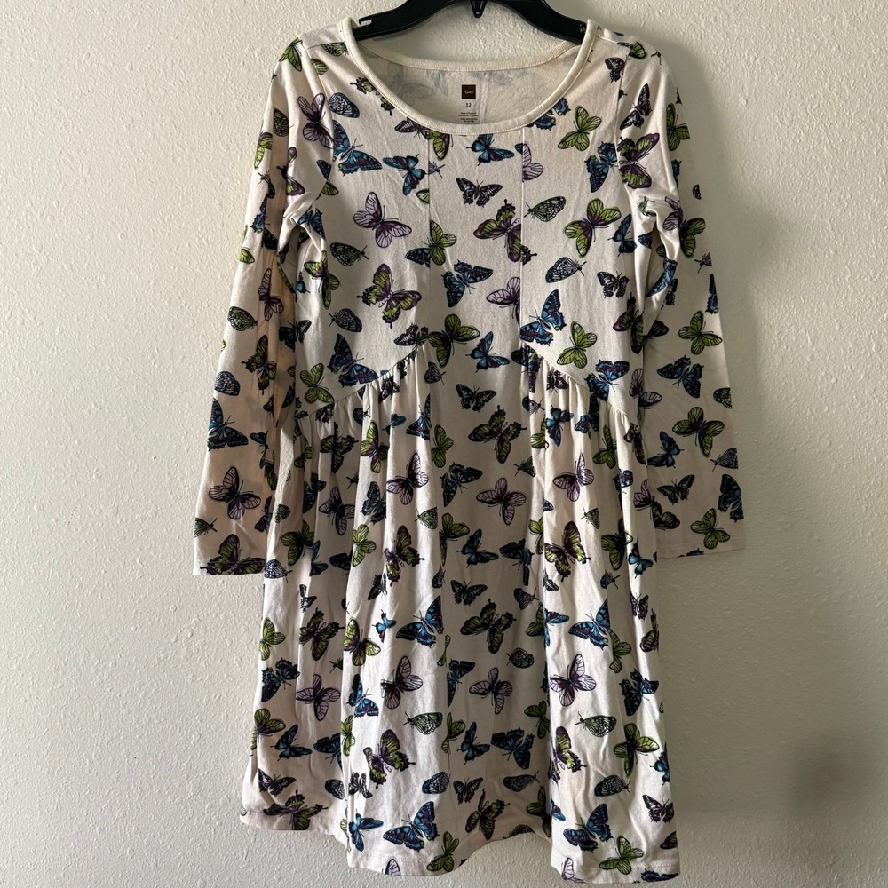 Tea Collection Girls Butterfly Print Long Sleeve Cotton Jersey Dress Size 12